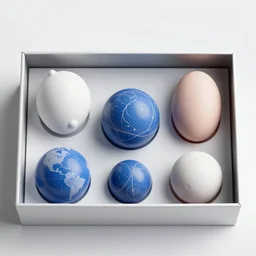 a box containing seven objects, produced by a rogue ai, resembling a universe, a poem, frozen on the boundaries of human experience, evoking impossible distances, loss and yearning