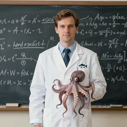 man wearing a lab coat fish logo holding octopus standing in front of a blackboard covered in scientific notation kodachrome washed out color vintage