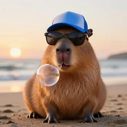 a photorealistic picture of a knitted Capybara wearing sunglasses, a blue trucker hat and blowing large bubbles at the beach during sunset Trending on Artstation, featured on Behance, well-rendered, fine detail, extra crisp image, Unreal Engine, 4K HD
