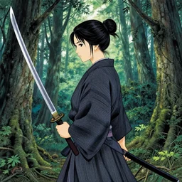 beautiful cinematic fantasy poster, asian woman side view using a bokken in forest ; intricate complexity, by shigenori soejima, krenz cushart, alphonse mucha, takato yamamoto, conrad roset, 4 k, beautiful, high quality - h 9 6 0