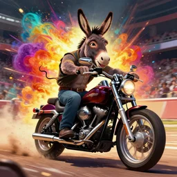 anthropomorphic donkey biker, riding a harley - davidson motorcycle, with human characteristics in an arena, digital art, epic composition, fantasy, explosion of color, highly detailed, in the style of jake parker, in the style of conrad roset, in the style of ed roth, swirly vibrant colors, sharp focus