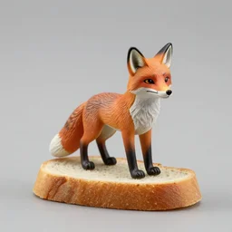 A statuette of a fox on a piece of bread. solid Background.