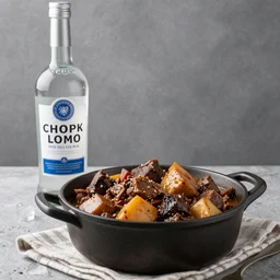 photo realistic, pot of cholent next to a bottle of ice cold vodka