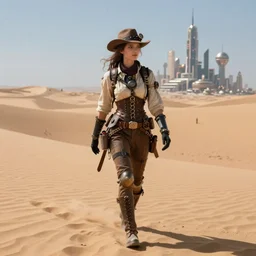 a steampunk woman walks in the desert, in the distance you can see a futuristic city, art by moebius, highly detailed, sharp focus,
