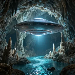 strange flying saucer sleek alien spacecraft in a beautiful huge cave with stalactites, stalagmites, spaceship, alient artifact, saucer, underwater glittering river, volumetric light, sci - fi by greg rutkowski