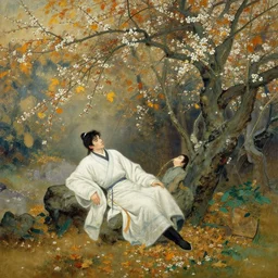 wuxia, autumn, male rest in the garden, apricot flower falling, painting by gaston bussiere, craig mullins, j. c. leyendecker
