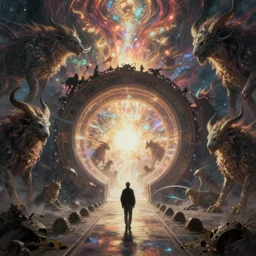 interdimensional travel, first person view, entering portal, surrounded by eldritch beasts