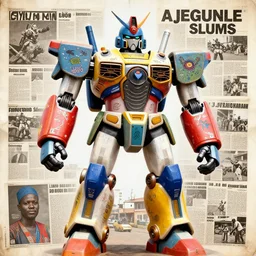 colourful giant mecha ROBOT of AJEGUNLE SLUMS of Lagos, writings and markings on robot, magazine collage,