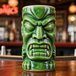 a closeup photorealistic photograph of a glossy hulk style tiki mug sitting at a trader vic's bar featuring hulk's face. tiki theme. green. bright scene. fine detail. this 4 k hd image is trending on artstation, featured on behance, well - rendered, extra crisp, features intricate detail, epic composition and the style of unreal engine.