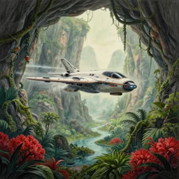 a beautiful pencil artwork of a futuristic scifi plane flying through a prehistoric jungle cave, mountains, vines, water, red shrubs, lush flora, volumetric lighting, haze, 8 k