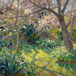 a serene garden in early spring, warm lighting, oil painting, by Georges Seurat