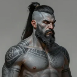 a warrior man with gray skin, tribal tattoos, an undercut ponytail, and full beard, highly detailed, digital painting, artstation, concept art, smooth, sharp focus, illustration, art by artgerm and greg rutkowski and alphonse mucha
