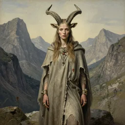 A detailed horned antelopewoman stands among the mountains. Wearing a ripped mantle, robe, many rings. Extremely high details, realistic, fantasy art, solo, masterpiece, art by Zdzisław Beksiński, Arthur Rackham, Dariusz Zawadzki
