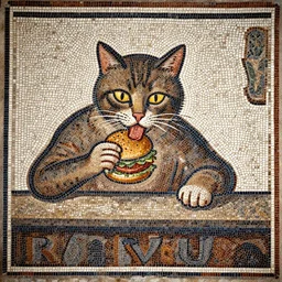 a cat eating a hambuger in a bar, artwork roman mosaic, ancient rome, opus tesellatum.