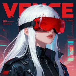 a woman with long white hair and red vr glasses, cyberpunk art by kishi ganku, featured on pixiv, neo - dada, ilya kuvshinov, dystopian art, poster art