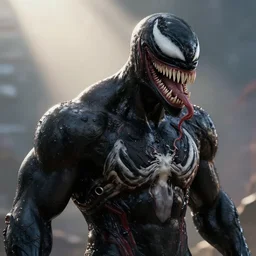 Film still from Venom of Tom Hardy wearing black, intricate detail, 3d render, octane render, god rays, depth of field, trending on artstation, 4k, hd