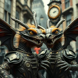 zoomed portrait of tin toy fuzzy kaiju moth dragons wearing armour in victorian london, nicoletta ceccoli, mark ryden, lostfish, hyung tae, frank frazetta, depth of field, detailed and intricate victorian londonenvironment, 8 k resolution, hyperrealistic, octane render