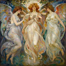 a safe for work illustration studio portrait of a harem of dark beautiful seraphim females energy in an artistic pose resting in nature, monet painterly motives and textures pattern, hyper detailed, octane render, vivid colors, artstation, by jeremy mann, by alphonse mucha, by monet, neo classical painting of heaven aesthetics