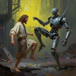 cyberpunk oil painting of jesus kicking a robot in the face, hyper realistic, liminal space, volumetric lighting, volumetric shadows, ray tracing, unreal engine 5