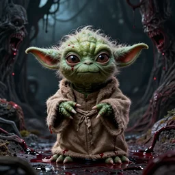 horror yoda, black blood dripping, creepy background, by john kenn mortensen, zdizslaw beksinski, jeremy mann