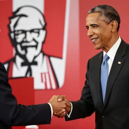 Obama giving Colonel Sanders from KFC a handshake, photograph, red background with white stripes, 8k, commercial lighting, professional lighting