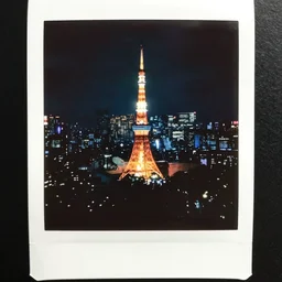 analog polaroid of tokyo at night, dark black sky, rain, blue pink and green neon skies, gritty, ambient light