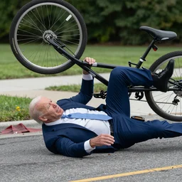 ultra realistic photo of joe biden falling off of his bike, film, perfect face, in the style of a candid photo