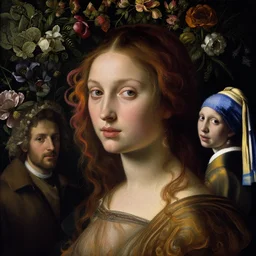 a closeup portrait of one beautiful young goddess with a wall of flowers behind her, painted by botticelli, diego velazquez and rachel ruysch and vermeer and ambrosius bosschaert, swirling coloured hair, hyperrealism, dark, dramatic lighting, analogous complementary colour scheme, trending in artstation, octane, rendered