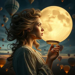 a 3 d, hyperrealistic, octane rendered, detailed, cinematic, close up portrait of a detailed 1 9 7 6 woman with swirling hair. the woman is holding a giant balloon that looks like a glowing 3 d realistic moon with a face. a night sky filled with hot air balloons and swirling clouds by kuvshinov and bilibin, karol back