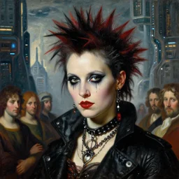 close up portrait of a punk goth coco rocha in a futuristic city by ellen von unwerth, oil painting by canaletto hieronymus bosh leonardo da vinci piero della francesca botticelli