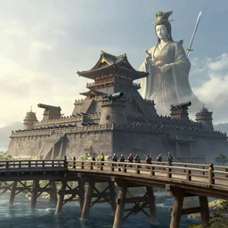 japan middle age, giant fortress with cannons guarded by samurais, is built on a strong old wooden bridge, giant goddess with swords, morning, matte painting, concept art, james gurney, greg rutkowski, unreal engine, artstation, john howe