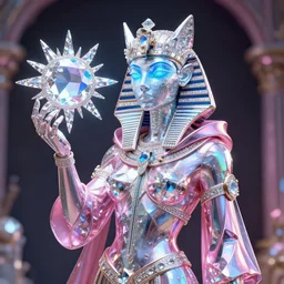 hyper detailed ultra sharp portrait of baroque and bladerunner delicate neon diamond sculpture of seductive albino pharaoh kit butler, diamond pink sphinx iridescent humanoid deity wearing metallic hoody made out of hands holding the sun prismatic dungeon, glowing blue face, crown of white diamonds, cinematic lighting, photorealistic, octane render 8 k depth of field 3 d