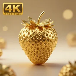 high quality presentation photo of a strawberry made of gold, photography 4k, f1.8 anamorphic, bokeh, 4k, Canon, Nikon