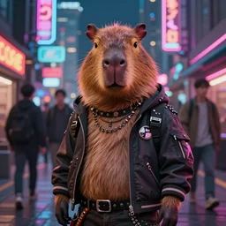 beautiful furry digital art portrait commission of an androgynous furry anthro capybara fursona wearing punk clothes in the streets of a cyberpunk city. neon signs. character design by charlie bowater, ross tran, artgerm, and makoto shinkai