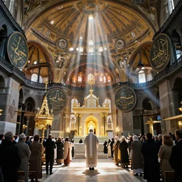 divine liturgy being held in the hagia sophia, artstation, artwork, rays of shimmering light, beautiful, surreal, holy