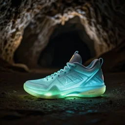 a glowing basketball shoe is sitting in a dark cave, clear focus, bokeh effect, high res, hasselblad, dslr, professional, cinematic