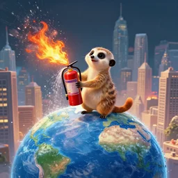 meerkat holding a fire extinguisher and showering the planet earth on fire, whole planet view, towering the skyline, fantasy, high quality matte painting, cartoony