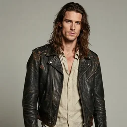 tall, lean man with long wavy brown hair. He wears a torn-up leather jacket and a beige cloth shirt underneath. by craig mullins, portrait. craig mullins. featured on artstation