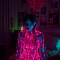 rgb, glowing, depression!!!!!, maximalist interior, woman, cinematic, movie scene, inspired by zdzislaw beksinski, clothes made out of veins,, cables everywhere, bedroom, ultra realistic, concept art, intricate details, highly detailed, photorealistic, octane render, 8 k