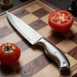 ultra realistic titanium handled kitchen knife laying on a chess board with a sliced tomato