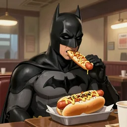 “Batman eating a hotdog, 4k”