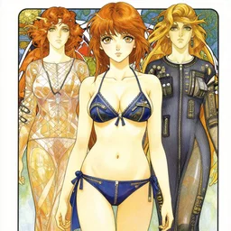 a copic maker manga illustration by yoshiyuki sadamoto and lois van baarle and alphonse mucha of an anime girl highly detailed eyes wearing bikini and boxers lots of zippers, pockets, synthetic materials, by issey miyake and balenciaga 8 k
