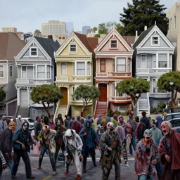painted ladies in san francisco swarmed by an army of zombies. painting by michael walen and bruce pennington.