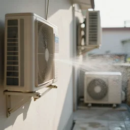 close - up seen a profile wall with an air conditioner in the room and an air conditioner on the terrace with water spray faded on the wall connected by transparent cables, depth of field, sunny, ultra realistic, very detailed, 8 k hyper realistic detailed cinematic still by nadav kander