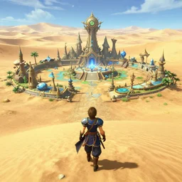 screenshot of final fantasy 1 8, arriving at the spiritual alien village of basaad, built in an oasis somewhere in the vast desert of doma, square enix, jrpg, unreal engine, next gen graphics, rtx, path tracing, high fidelity, particle effects