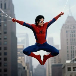Micheal Jackson playing spider man swinging with webs