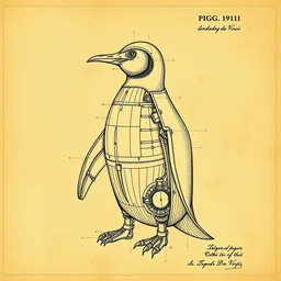 patent drawing, blueprint, mecha - penguin, by leonardo da vinci