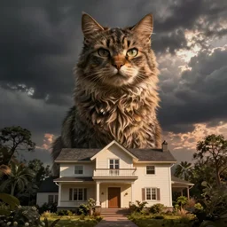 a gigantic cat that towers over a house