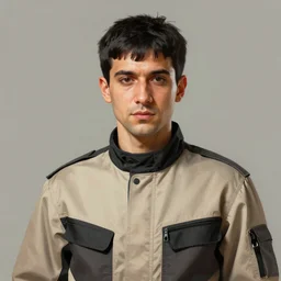 Portrait of a man by Greg Rutkowski, he is about 30 years old, short black hair with bangs, his features are a mix between French, Turkish and Russian and he is wearing a beige and black utility jumpsuit, highly detailed portrait, digital painting, artstation, concept art, smooth, sharp foccus ilustration, Artstation HQ - n 9