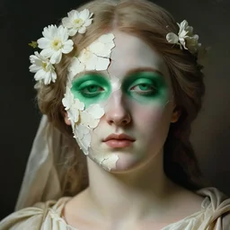 hyperrealism close - up mythological portrait of a beautiful medieval woman's shattered face partially made of white color flowers in style of classicism using the fibonacci golden ratio, pale skin, emerald shadows on the eyes, wearing ivory colour dress, dark and dull palette